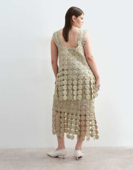 ARRANGE Curve metallic circle fringe column midi dress in gold, 3 of 5