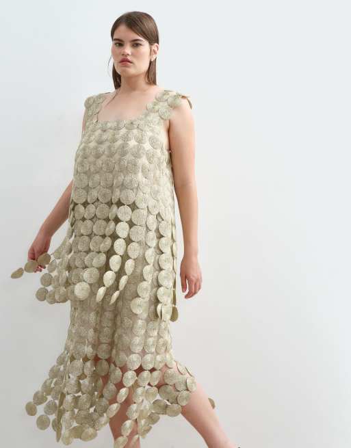 ARRANGE Curve metallic circle fringe column midi dress in gold, 5 of 5
