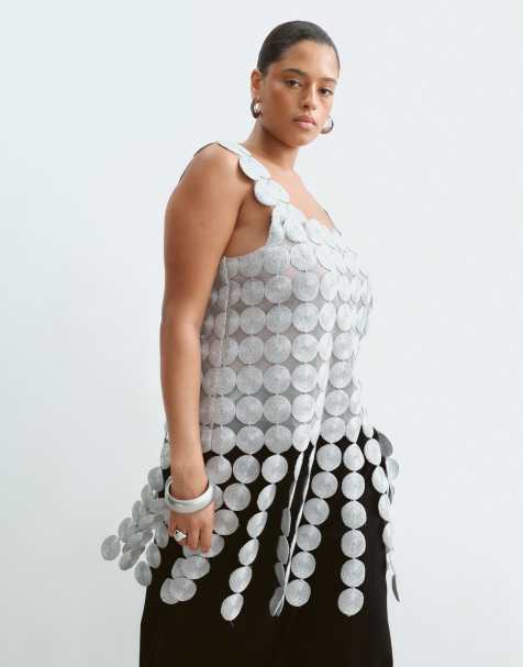 ARRANGE Curve metallic embroidered circle fringe hem top in silver - view 1