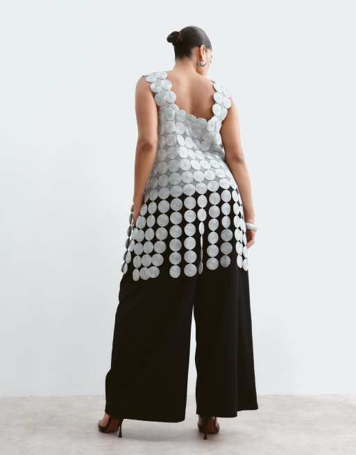 ARRANGE Curve metallic embroidered circle fringe hem top in silver, 5 of 5