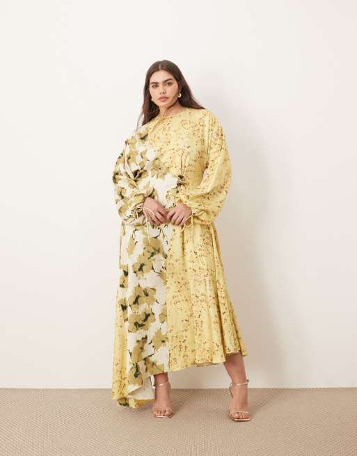 ARRANGE - Curve - Midi jurk van gekreukt satijn met lange mouwen, afwerking en kleurvlakken in bloemenprints