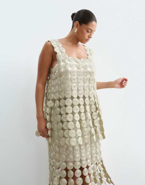 ARRANGE Curve Midikleid im Column-Schnitt mit Metallic- und Kreisfransen in Gold - view 1