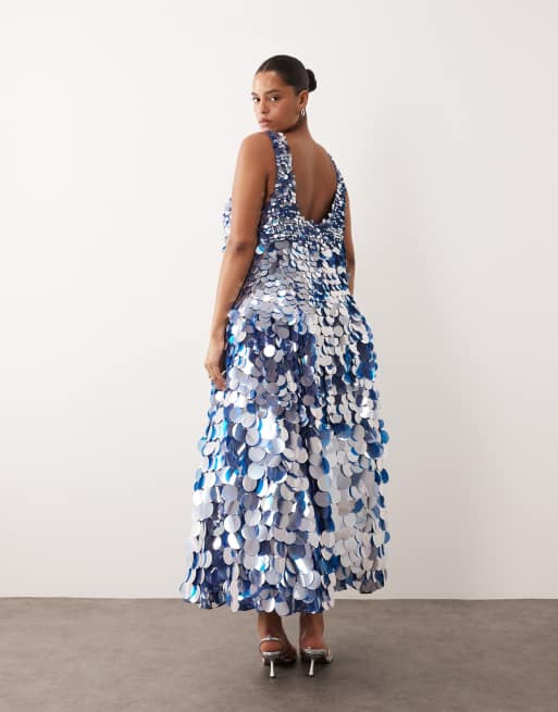 ARRANGE Curve – Midikleid in Blau mit Paillettenscheibenbesatz, eckigem Ausschnitt und weitem Rock, 3 von 4