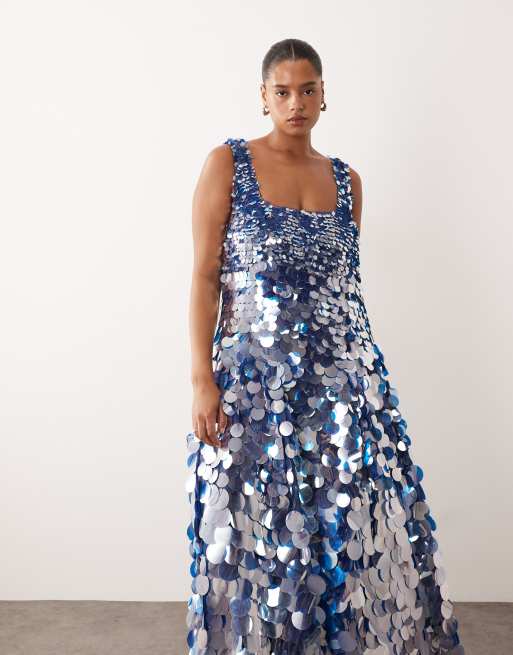 ARRANGE Curve – Midikleid in Blau mit Paillettenscheibenbesatz, eckigem Ausschnitt und weitem Rock, 4 von 4