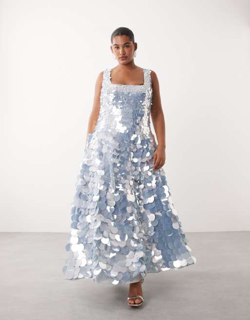ARRANGE Curve – Midikleid in Eisblau mit Paillettenscheibenbesatz, eckigem Ausschnitt und weitem Rock, 2 von 4