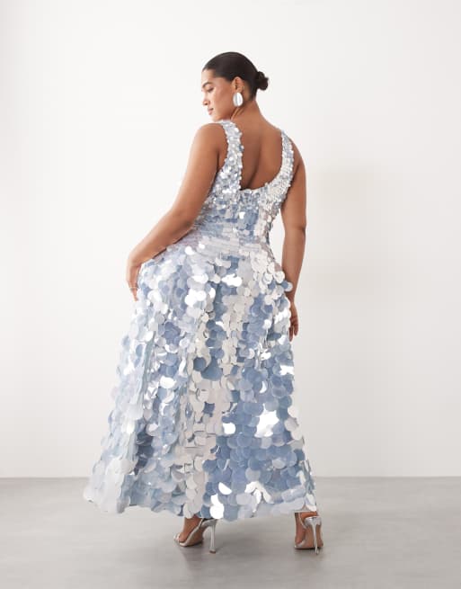 ARRANGE Curve – Midikleid in Eisblau mit Paillettenscheibenbesatz, eckigem Ausschnitt und weitem Rock, 4 von 4