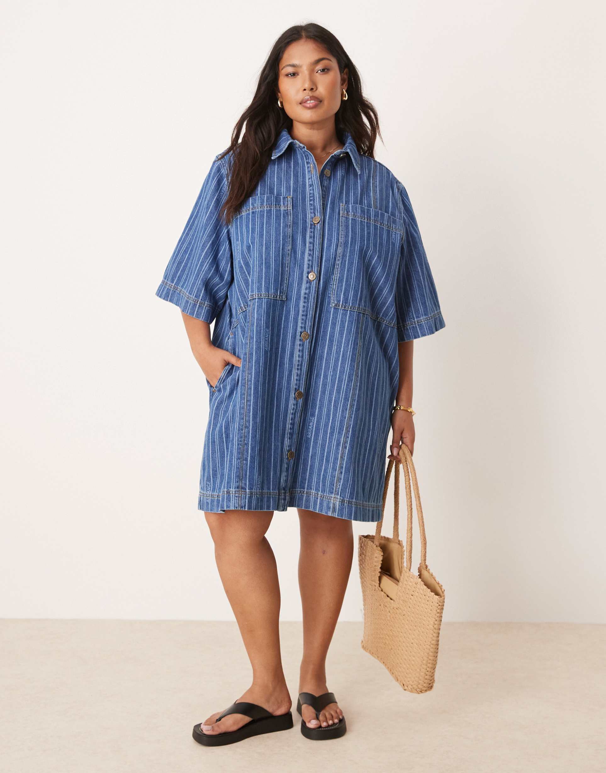 arrange curve mini denim stripe shirt dress