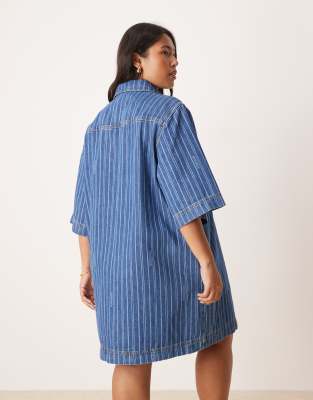 Arrange Curve Mini Denim Stripe Shirt Dress-blue In Blue