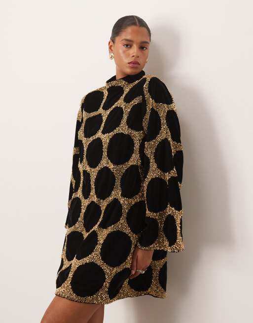 ARRANGE Curve - Mini jurk met versiering, stippen en lange mouwen in goud, 2 van 4