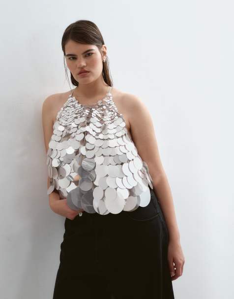 ARRANGE Curve mirror disc sequin trapeze halter top in silver - view 1