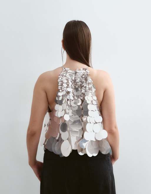 ARRANGE Curve mirror disc sequin trapeze halter top in silver, 3 of 5
