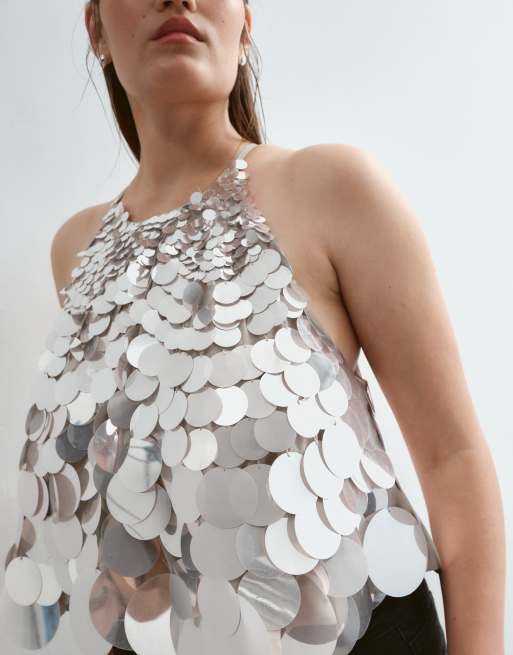 ARRANGE Curve mirror disc sequin trapeze halter top in silver, 4 of 5