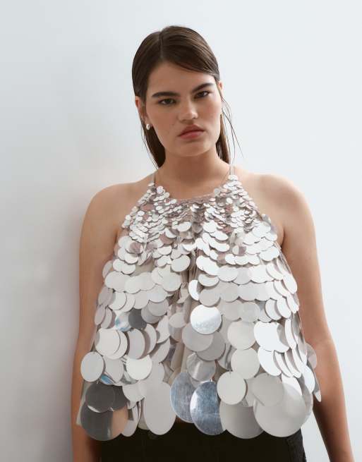 ARRANGE Curve mirror disc sequin trapeze halter top in silver, 5 of 5