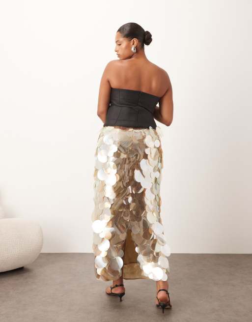 ARRANGE Curve mirror paillette column maxi skirt in silver, 5 of 5