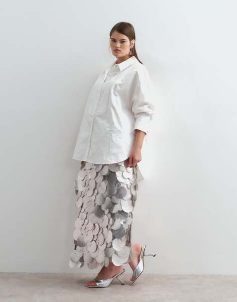 ARRANGE Curve mirror paillette column maxi skirt in silver