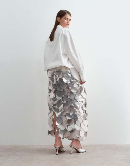 ARRANGE Curve mirror paillette column maxi skirt in silver, 3 of 5