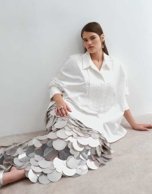 ARRANGE Curve mirror paillette column maxi skirt in silver, 5 of 5