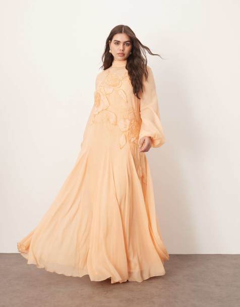 ARRANGE Curve applique floral tie neck blouson sleeve trapeze maxi dress in apricot