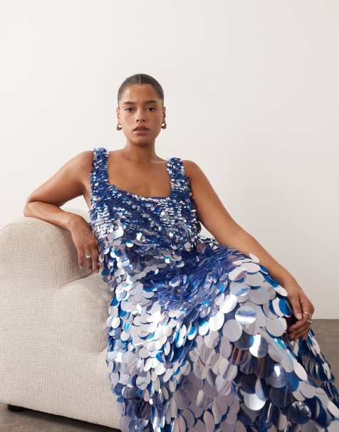 ARRANGE Curve embellished disc sequin square neck full skirt midi dress in blue