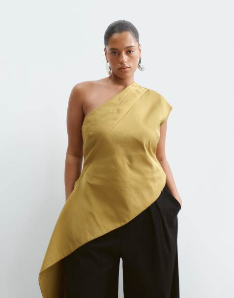 ARRANGE Curve one shoulder drape top in olive
