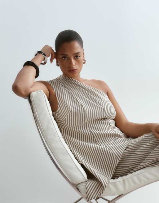 ARRANGE Curve one shoulder structured top with asymmetric hem and barrel trousers co-ord in buttermilk stripe, 2 of 3