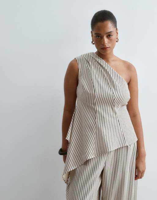 ARRANGE Curve one shoulder structured top co-ord with asymmetric hem in buttermilk stripe, 4 of 4