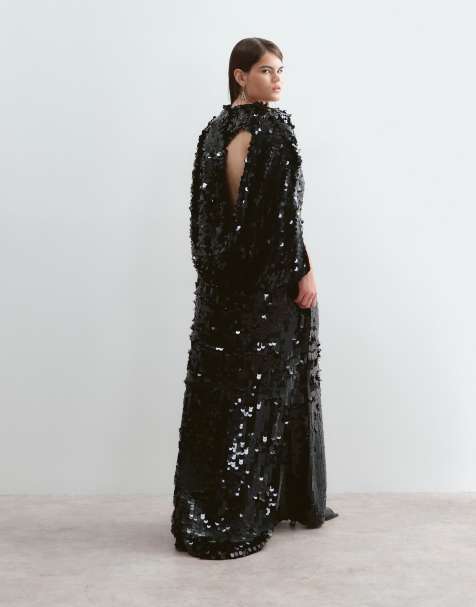 ARRANGE Curve open cowl back minimal maxi dress in sequin in black