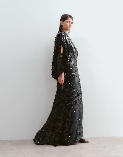 ARRANGE Curve open cowl back minimal maxi dress in sequin in black, 3 of 5
