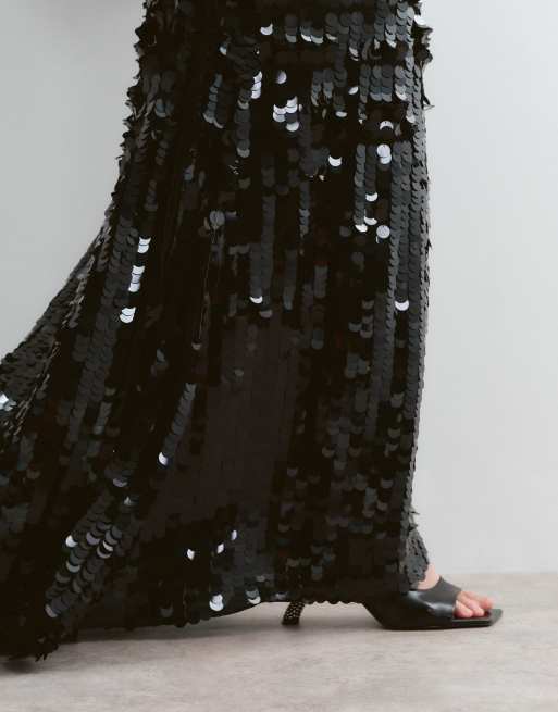 ARRANGE Curve open cowl back minimal maxi dress in sequin in black, 4 of 5
