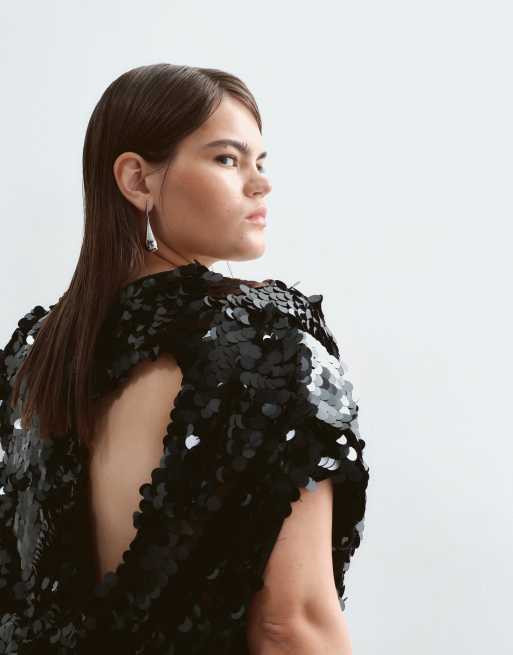 ARRANGE Curve open cowl back minimal maxi dress in sequin in black, 5 of 5