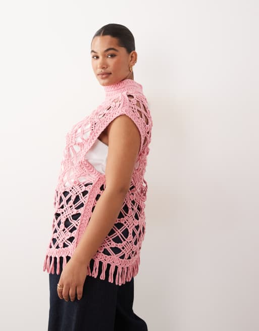 ARRANGE Curve open knit sleeveless top in pink, 3 of 4