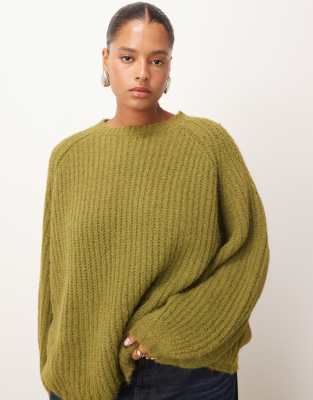 ARRANGE Curve - Oversize-Pullover aus Rippstrick in Khaki mit Wollanteil-Grün