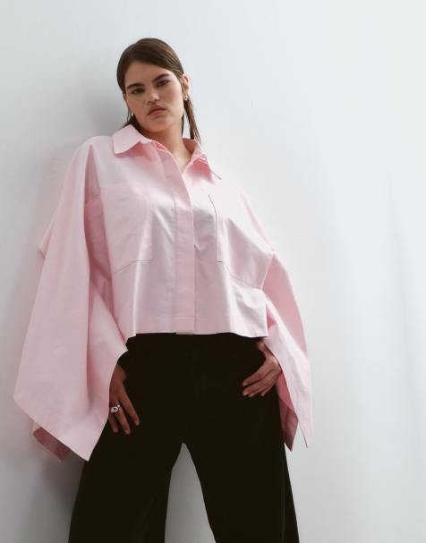 ARRANGE Curve oversized cape square cut cotton shirt in pink - view 1