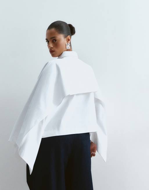 ARRANGE Curve oversized cape square cut cotton shirt in white, 2 of 4