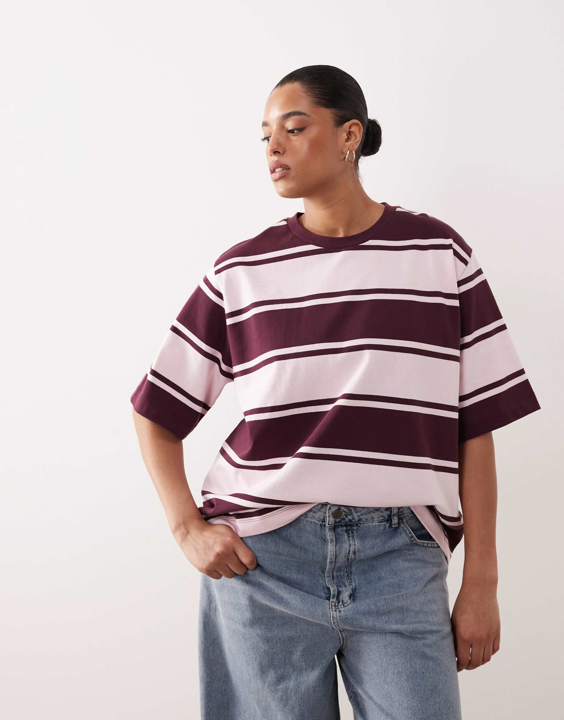 arrange curve oversized premium heavyweight t-shirt in pink and burgundy stripe