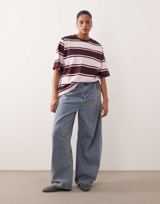 ARRANGE Curve oversized premium heavyweight t-shirt in pink and burgundy stripe, 2 of 4