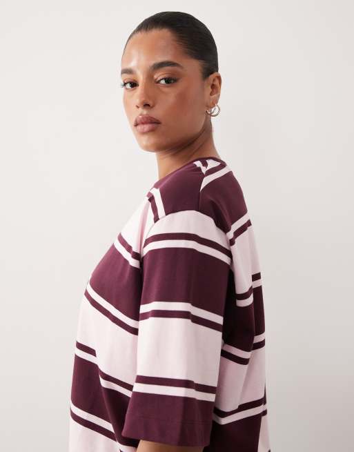 ARRANGE Curve oversized premium heavyweight t-shirt in pink and burgundy stripe, 3 of 4