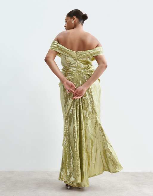 ARRANGE Curve pailletdraperet Bardot-maxikjole i lime, 4 af 5