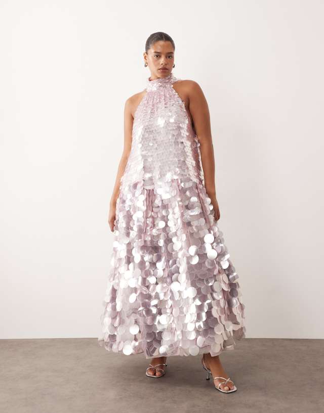 ARRANGE Curve paillette sequin halter neck trapeze maxi dress in lilac