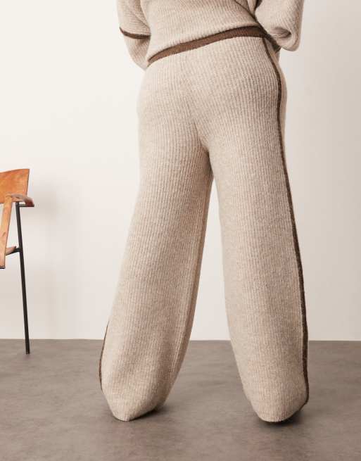 ARRANGE Curve - Pantalon d'ensemble en maille côtelée contrastante épaisse - Avoine et chocolat, 3 de 5