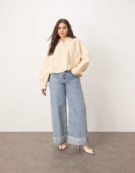 ARRANGE Curve Parker denim high rise slouchy turn up jeans in light wash blue - view 1