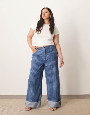 ARRANGE ARRANGE Curve Parker denim high waist slouchy turn up jean in laser stripe-Blue