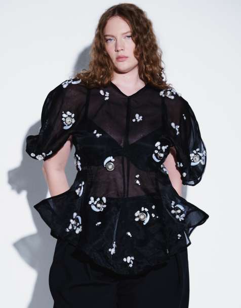ARRANGE Curve pearl cluster embellished volume sleeve organza top in black