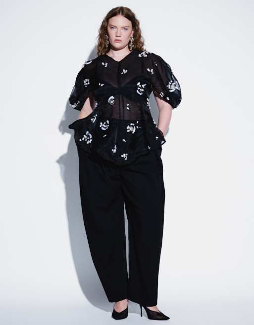 ARRANGE Curve pearl cluster embellished volume sleeve organza top in black, 2 of 4