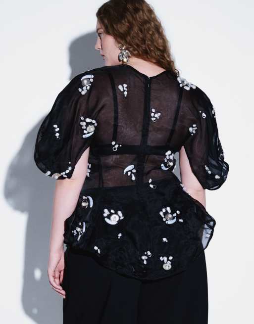 ARRANGE Curve pearl cluster embellished volume sleeve organza top in black, 3 of 4