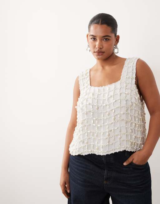 ARRANGE Curve pearl embellished top in ivory, 4 of 4