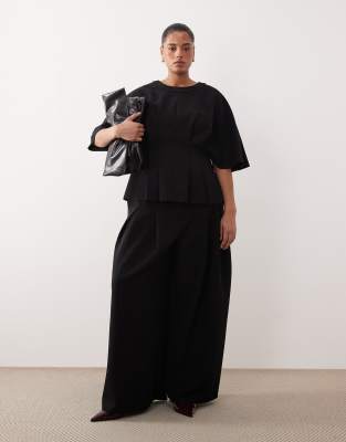 ARRANGE Curve pleat waist short sleeve top and tailored wide leg pants in black | ASOS