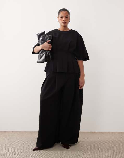 ARRANGE Curve pleat waist short sleeve top and tailored wide leg pants set in black - view 1