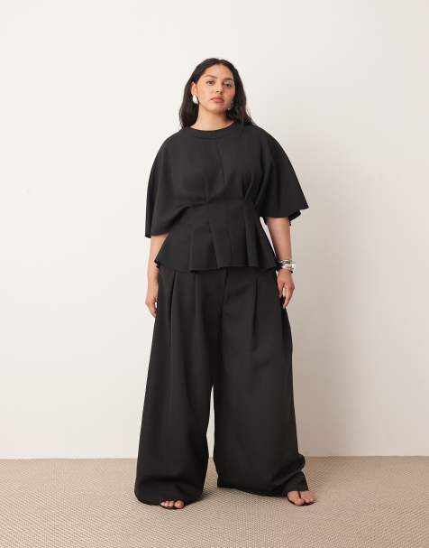 ARRANGE Curve pleat waist short sleeve top and tailored wide leg trouser in black - view 1