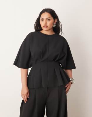 Arrange Curve Pleat Waist Short Sleeve Top In Black